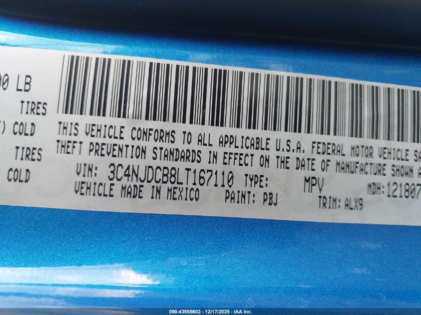 2020 Jeep Compass Limited 4X4 VIN: 3C4NJDCB8LT167110 Lot: 43955602