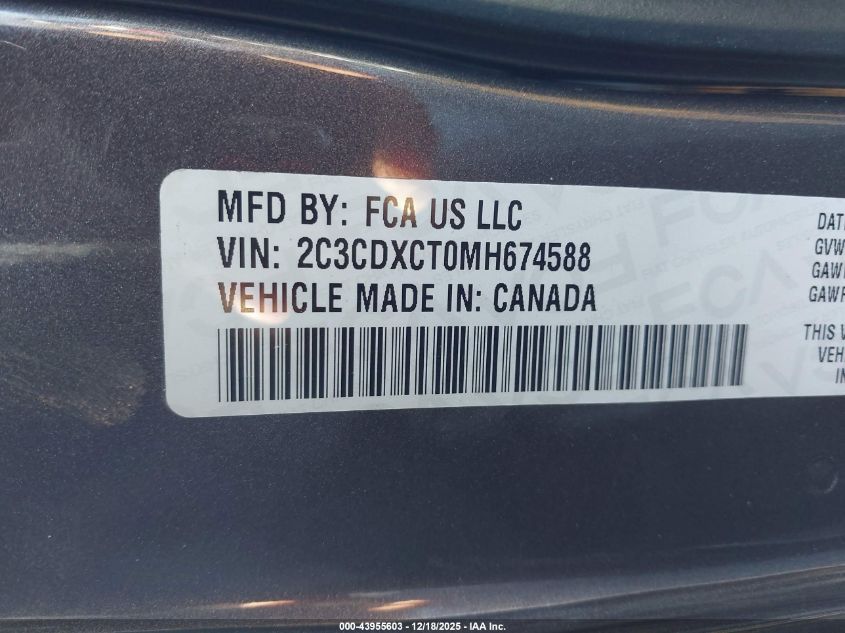 2021 Dodge Charger R/T Rwd VIN: 2C3CDXCT0MH674588 Lot: 43955603