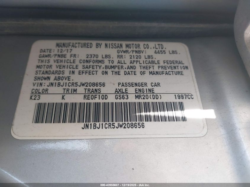 2018 Nissan Rogue Sport Sl VIN: JN1BJ1CR5JW208656 Lot: 43955607