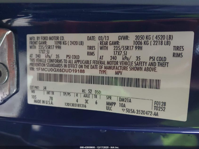 2013 Ford Escape Se VIN: 1FMCU0GX6DUD19188 Lot: 43955608