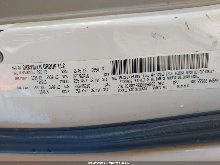 2013 Chrysler Town & Country Touring VIN: 2C4RC1BG3DR658082 Lot: 43955609