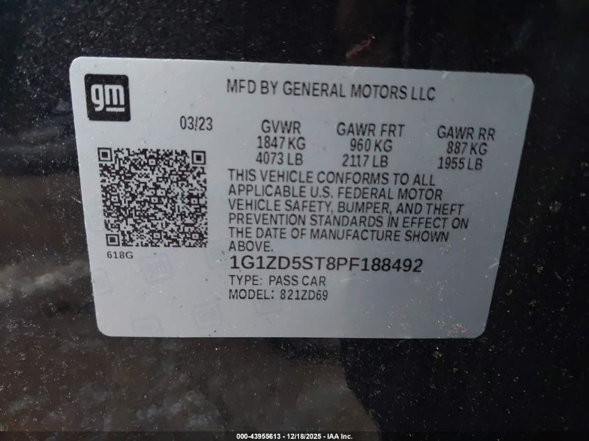 2023 Chevrolet Malibu Fwd 1Lt VIN: 1G1ZD5ST8PF188492 Lot: 43955613