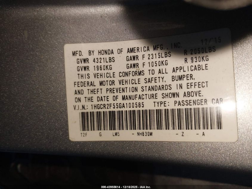 2016 Honda Accord Sport VIN: 1HGCR2F55GA100585 Lot: 43955614