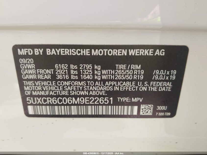2021 BMW X5 xDrive40I VIN: 5UXCR6C06M9E22651 Lot: 43955615