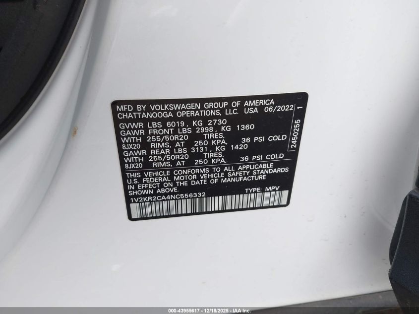 2022 Volkswagen Atlas 3.6L V6 Se W/Technology VIN: 1V2KR2CA4NC556332 Lot: 43955617