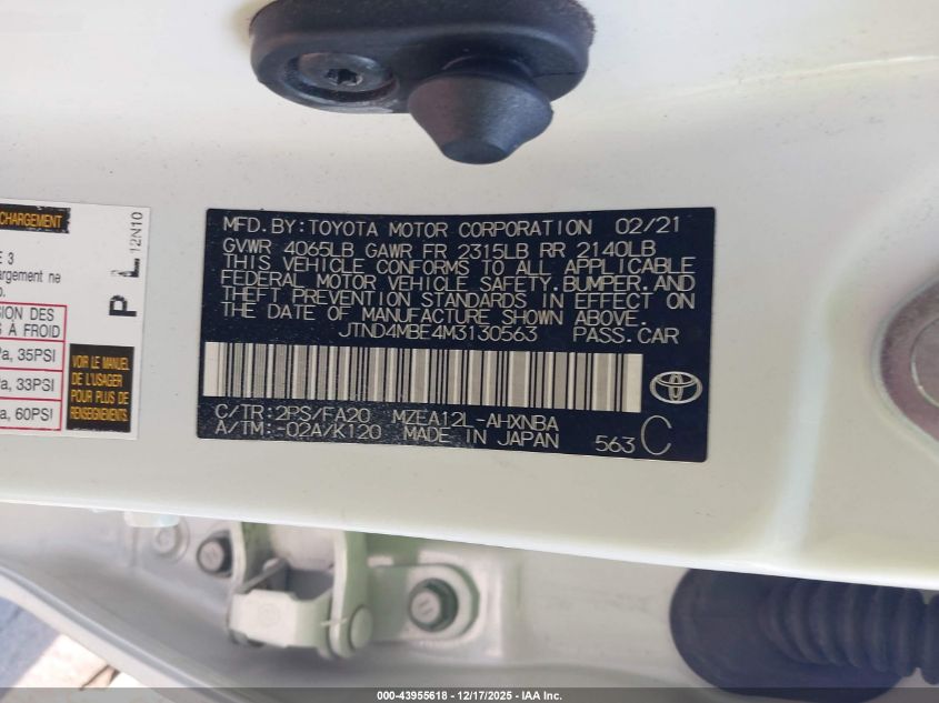 2021 Toyota Corolla Se VIN: JTND4MBE4M3130563 Lot: 43955618