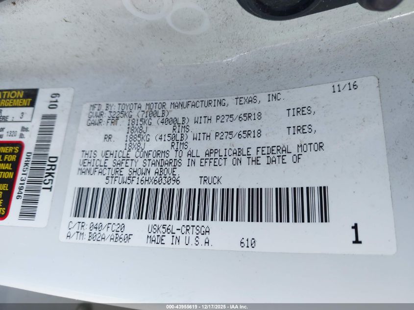 2017 Toyota Tundra Sr5 5.7L V8 VIN: 5TFUW5F16HX603096 Lot: 43955619