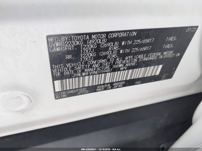 2022 Toyota Rav4 Hybrid Le VIN: JTMLWRFV9ND159487 Lot: 43955621