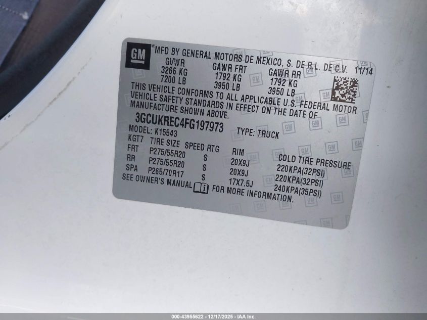2015 Chevrolet Silverado 1500 1Lt VIN: 3GCUKREC4FG197973 Lot: 43955622