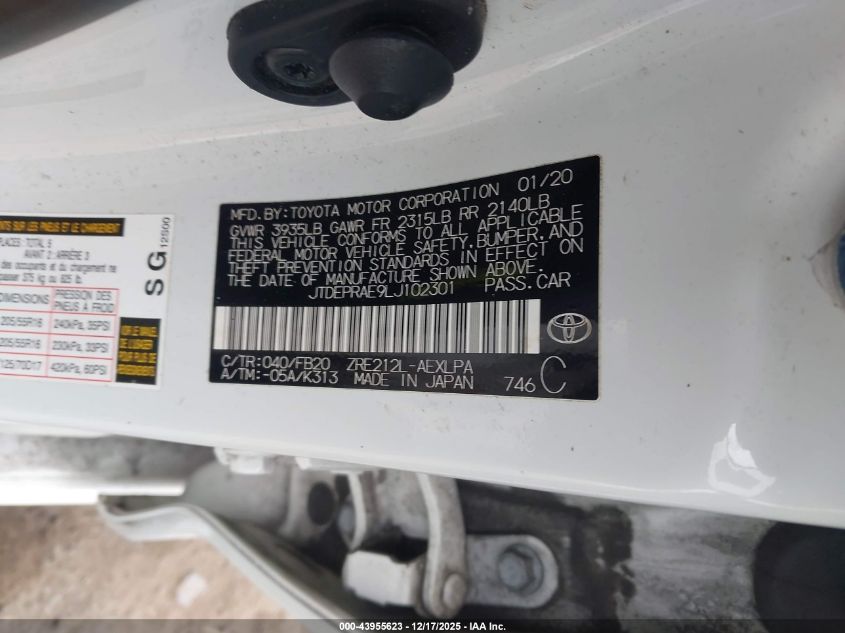 2020 Toyota Corolla Le VIN: JTDEPRAE9LJ102301 Lot: 43955623