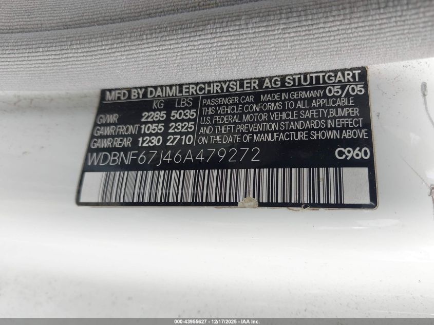 2006 Mercedes-Benz S 350 VIN: WDBNF67J46A479272 Lot: 43955627