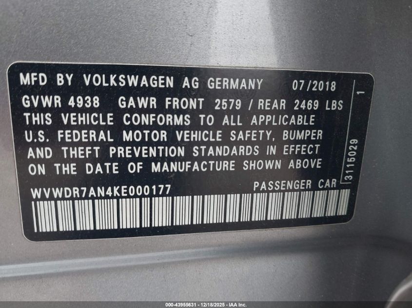 2019 Volkswagen Arteon 2.0T Sel VIN: WVWDR7AN4KE000177 Lot: 43955631