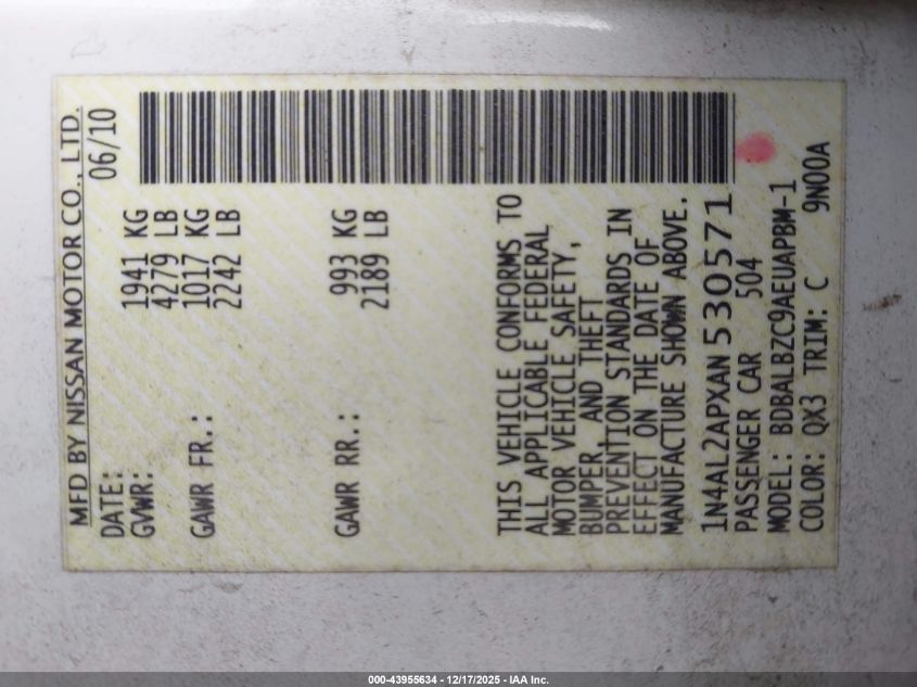 2010 Nissan Altima 2.5 S VIN: 1N4AL2APXAN530571 Lot: 43955634