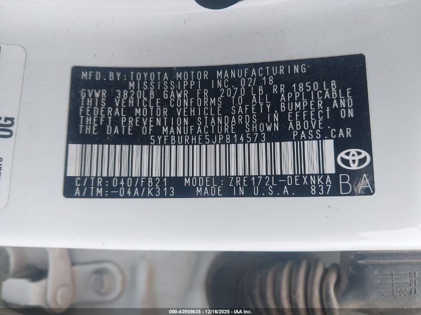 2018 Toyota Corolla Le VIN: 5YFBURHE5JP814573 Lot: 43955635