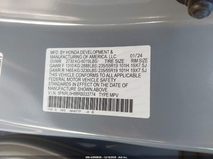 2024 Honda Odyssey Touring VIN: 5FNRL6H88RB033774 Lot: 43955636