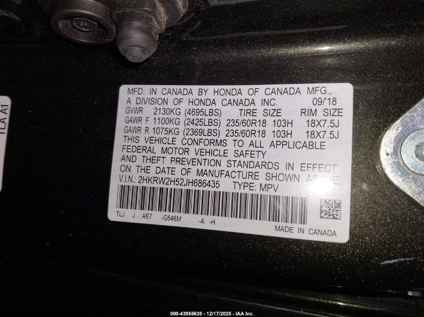 2018 Honda Cr-V Ex VIN: 2HKRW2H52JH686435 Lot: 43955638