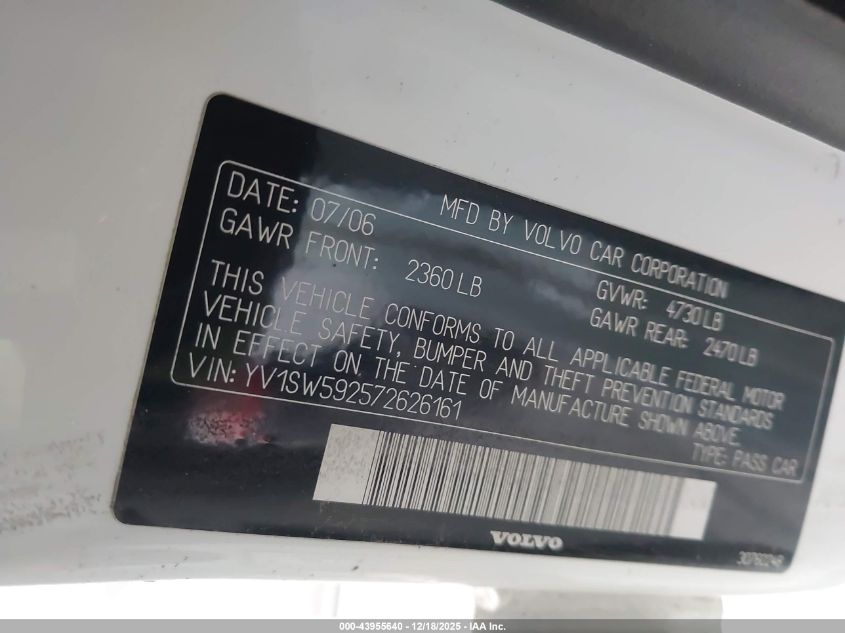 2007 Volvo V70 2.5T VIN: YV1SW592572626161 Lot: 43955640