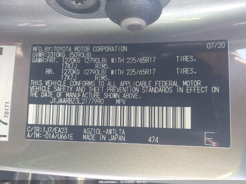 2020 Lexus Nx 300 VIN: JTJAARBZ3L2177990 Lot: 43955641