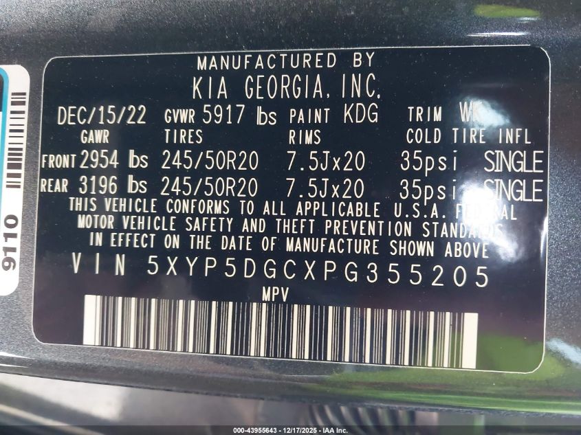 2023 Kia Telluride Sx VIN: 5XYP5DGCXPG355205 Lot: 43955643