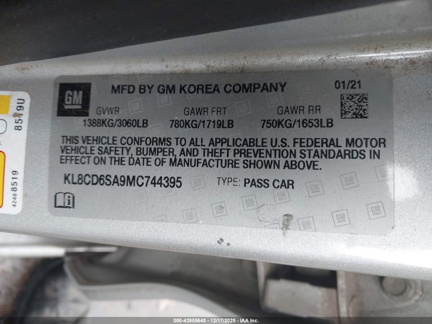 2021 Chevrolet Spark Fwd 1Lt Automatic VIN: KL8CD6SA9MC744395 Lot: 43955648