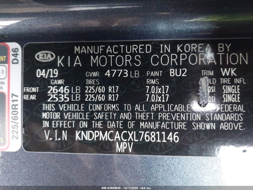 2020 Kia Sportage Lx VIN: KNDPMCACXL7681146 Lot: 43955649