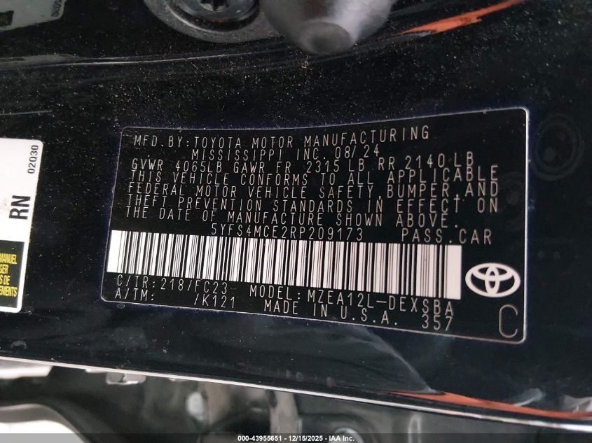 2024 Toyota Corolla Se VIN: 5YFS4MCE2RP209173 Lot: 43955651