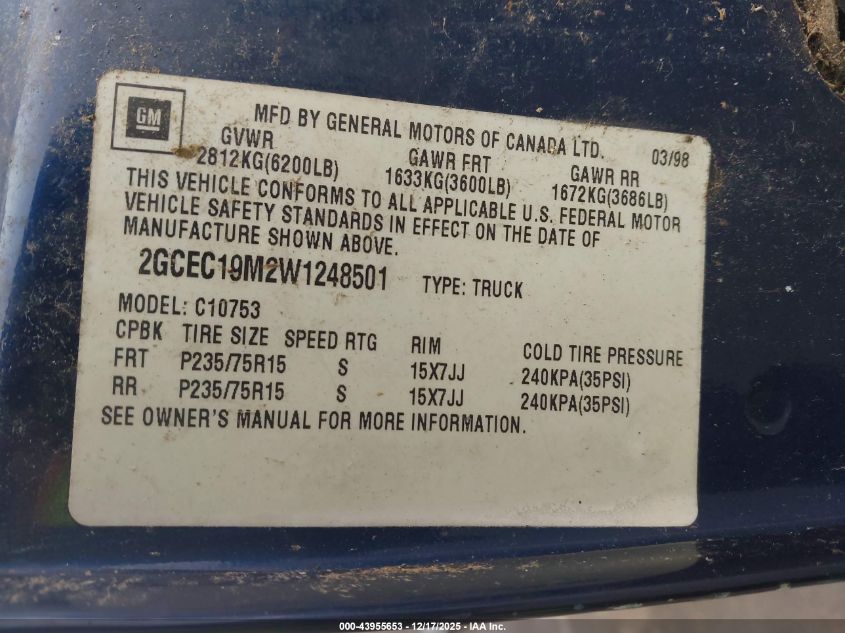 1998 Chevrolet C1500 Fleetside VIN: 2GCEC19M2W1248501 Lot: 43955653
