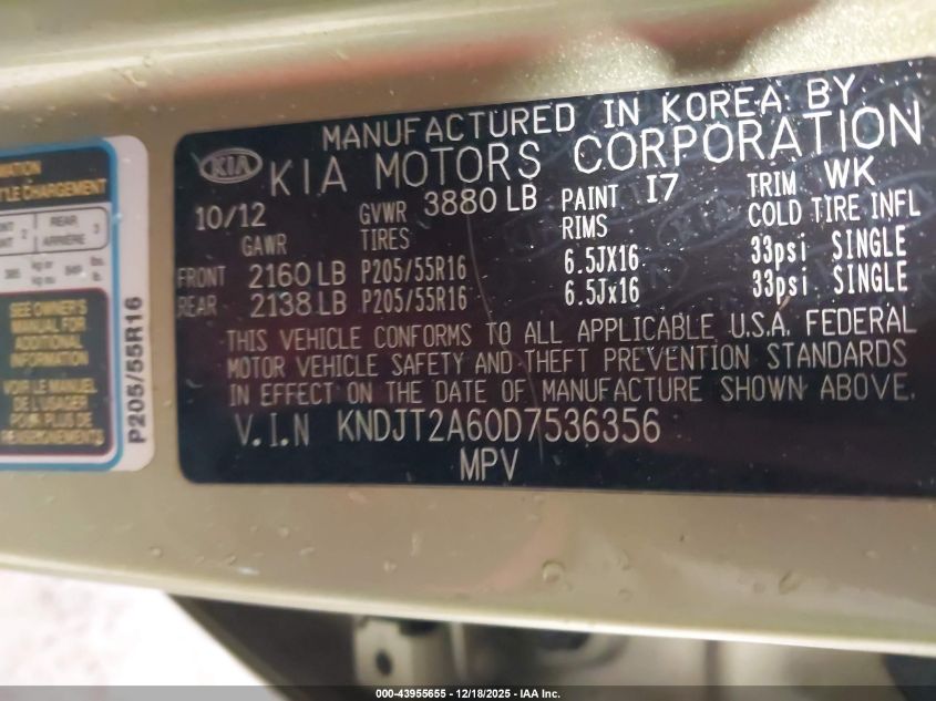 2013 Kia Soul + VIN: KNDJT2A60D7536356 Lot: 43955655