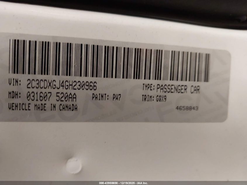 2016 Dodge Charger R/T Scat Pack VIN: 2C3CDXGJ4GH230966 Lot: 43955656