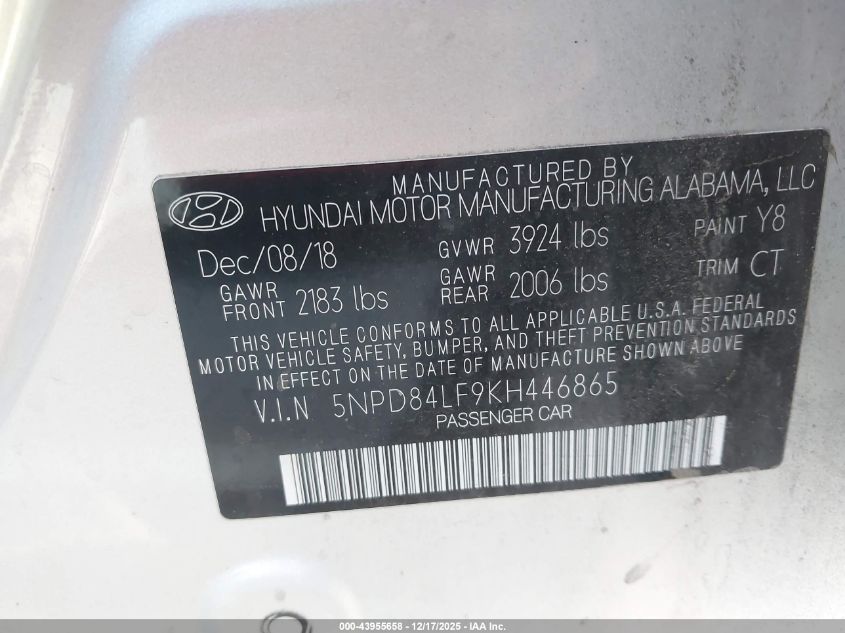 2019 Hyundai Elantra Sel VIN: 5NPD84LF9KH446865 Lot: 43955658