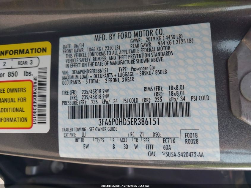 2014 Ford Fusion Se VIN: 3FA6P0HD5ER386151 Lot: 43955660