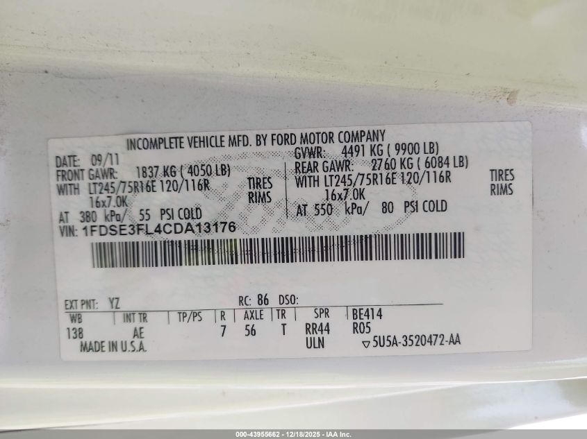 2012 Ford E-350 Cutaway VIN: 1FDSE3FL4CDA13176 Lot: 43955662