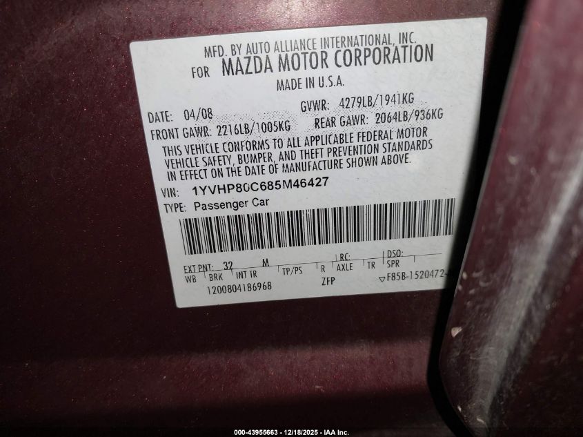 2008 Mazda Mazda6 I Sport Ve VIN: 1YVHP80C685M46427 Lot: 43955663