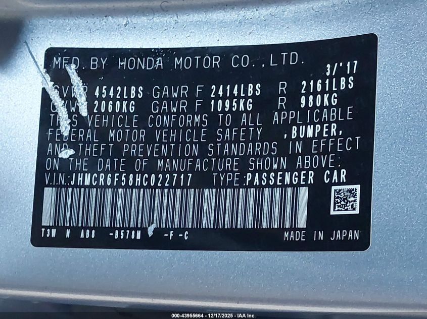 2017 Honda Accord Hybrid Ex-L VIN: JHMCR6F58HC022717 Lot: 43955664