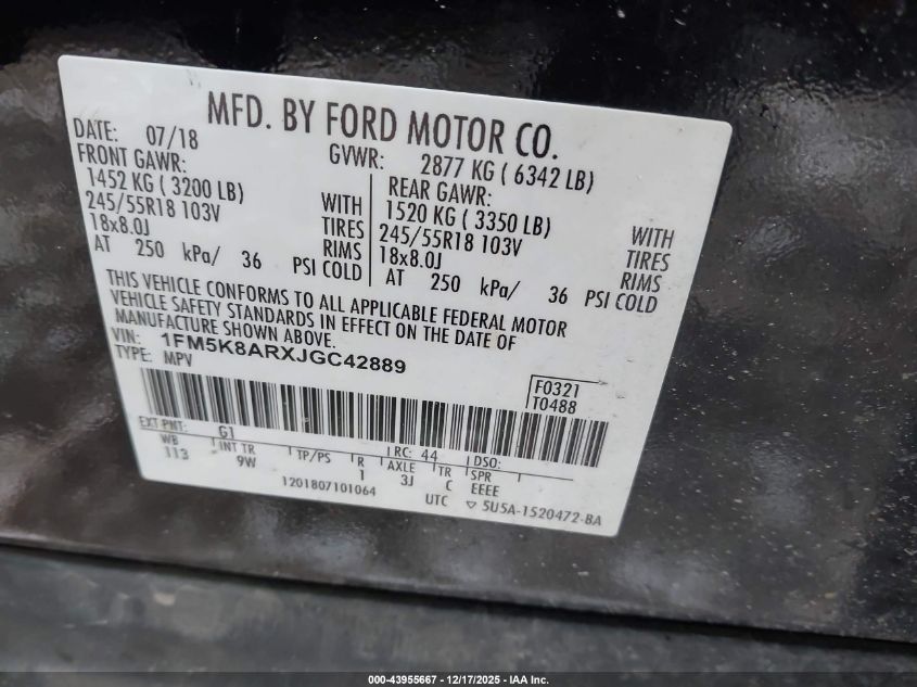 2018 Ford Police Interceptor Utility VIN: 1FM5K8ARXJGC42889 Lot: 43955667