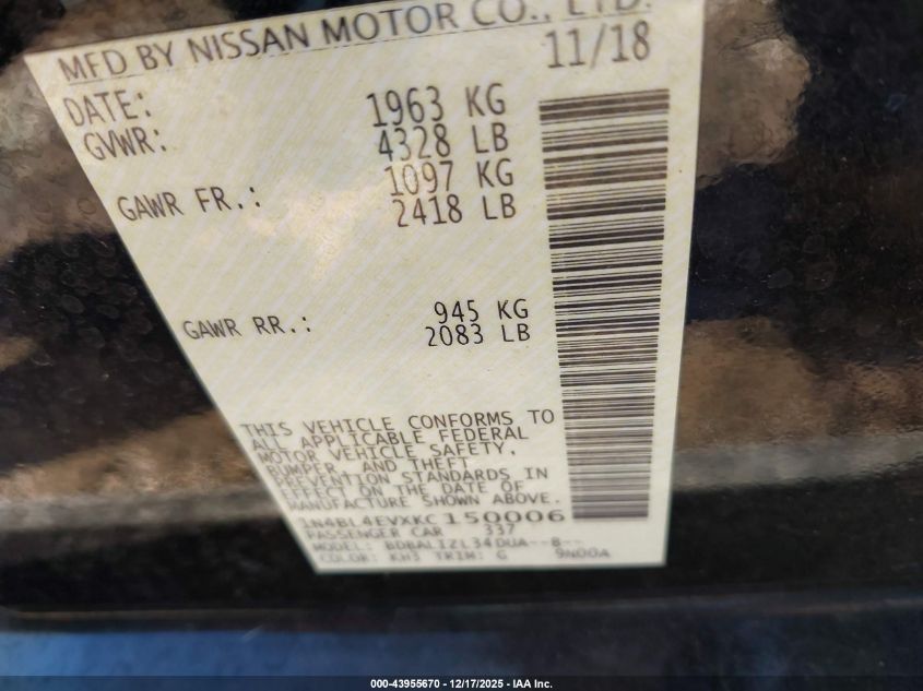 2019 Nissan Altima 2.5 Sl VIN: 1N4BL4EVXKC150006 Lot: 43955670