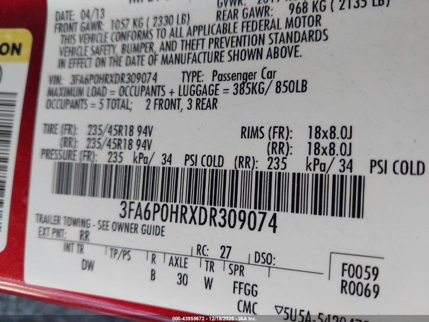 2013 Ford Fusion Se VIN: 3FA6P0HRXDR309074 Lot: 43955672