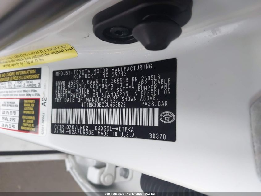 2012 Toyota Avalon Limited VIN: 4T1BK3DBXCU459822 Lot: 43955673