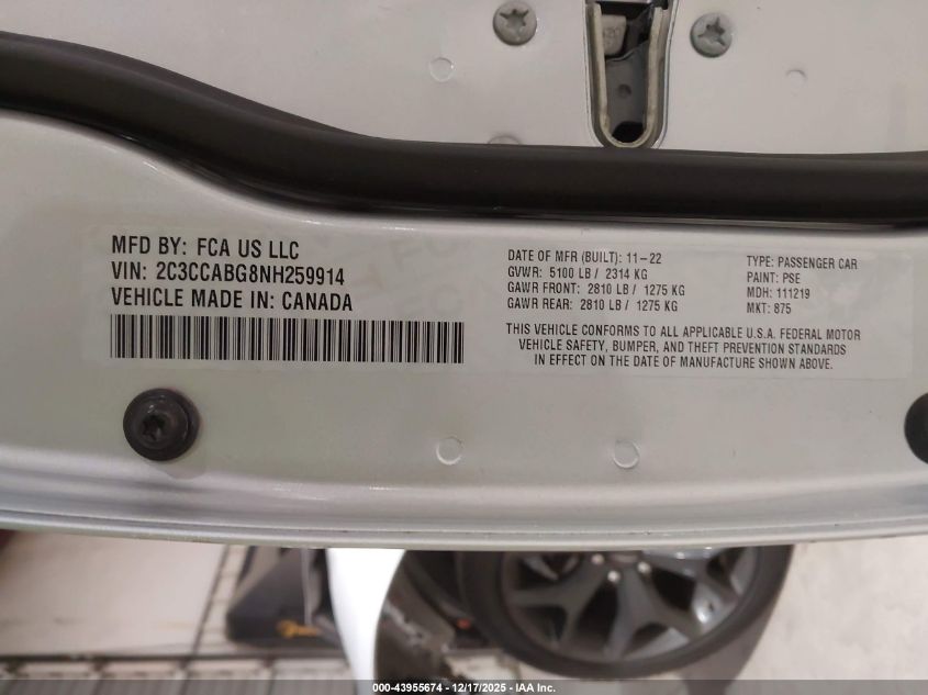 2022 Chrysler 300 S VIN: 2C3CCABG8NH259914 Lot: 43955674