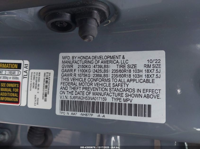 2022 Honda Cr-V Awd Ex VIN: 5J6RW2H53NA017159 Lot: 43955676