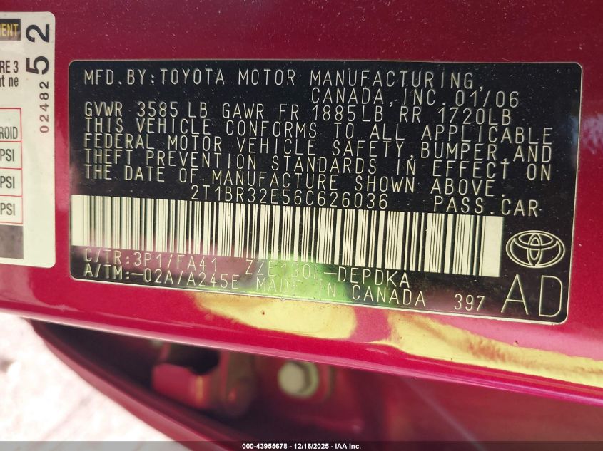 2006 Toyota Corolla Ce VIN: 2T1BR32E56C626036 Lot: 43955678