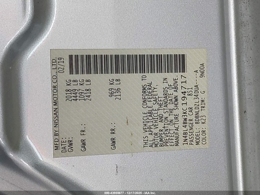 2019 Nissan Altima 2.5 S VIN: 1N4BL4BW3KC194717 Lot: 43955677