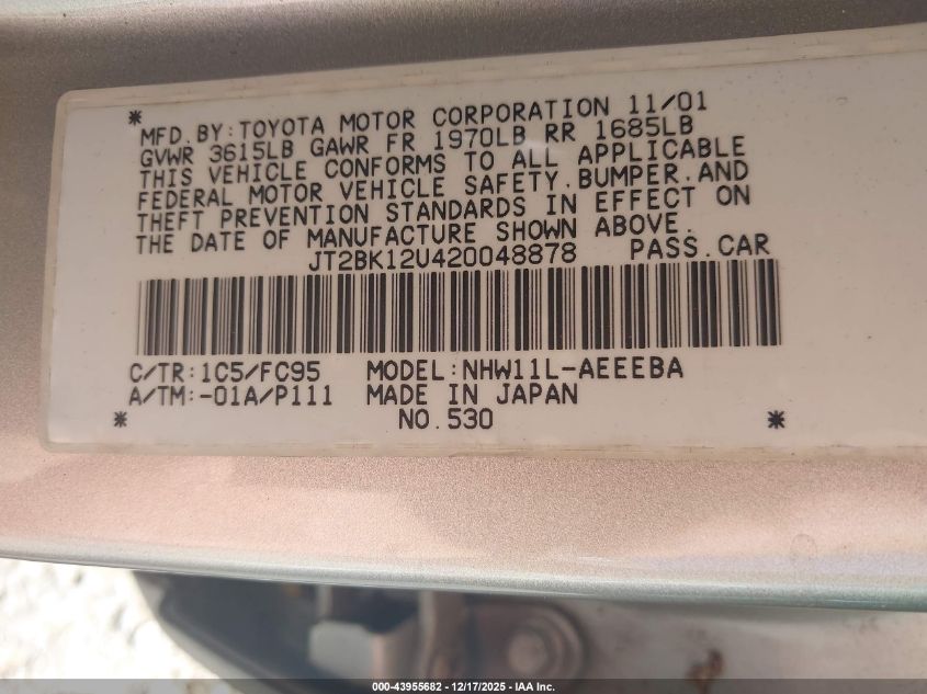 2002 Toyota Prius VIN: JT2BK12U420048878 Lot: 43955682