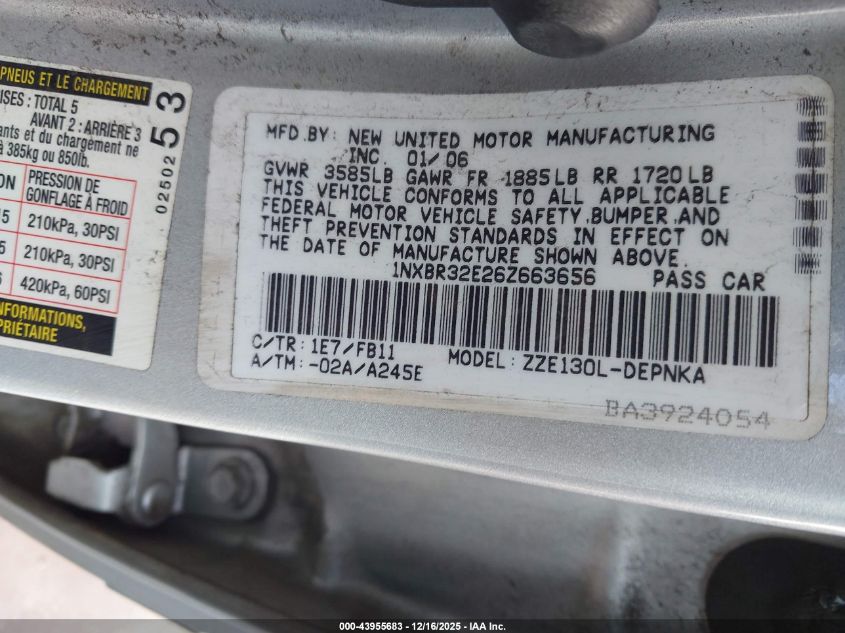 2006 Toyota Corolla Le VIN: 1NXBR32E26Z663656 Lot: 43955683