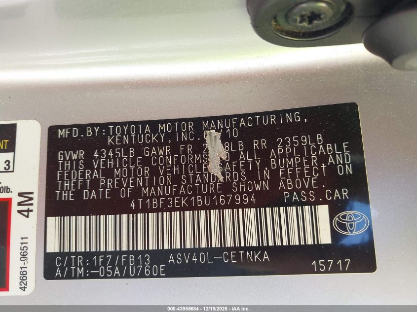 2011 Toyota Camry Le VIN: 4T1BF3EK1BU167994 Lot: 43955684