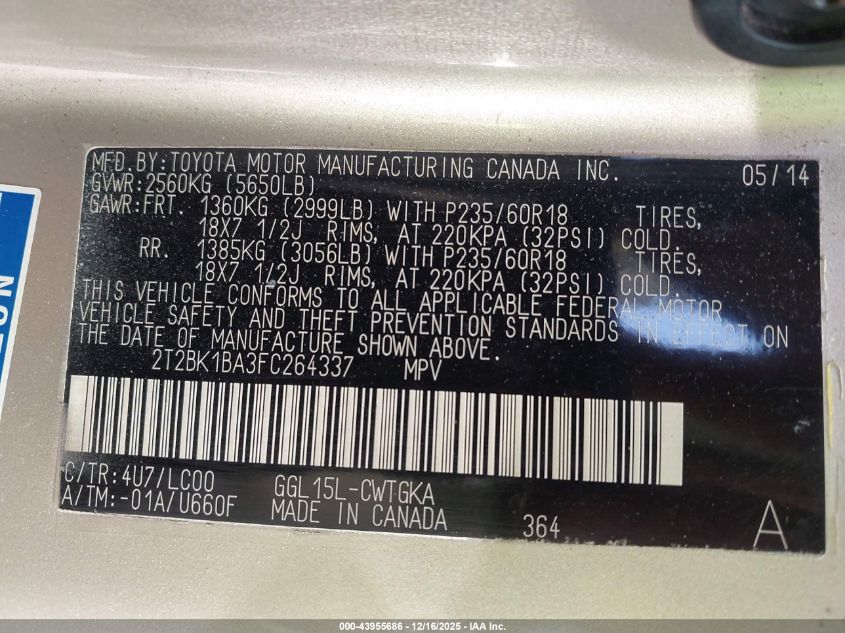 2015 Lexus Rx 350 VIN: 2T2BK1BA3FC264337 Lot: 43955686