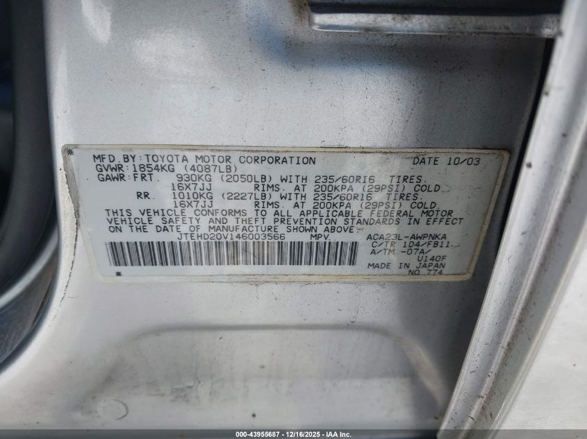 2004 Toyota Rav4 VIN: JTEHD20V146003566 Lot: 43955687