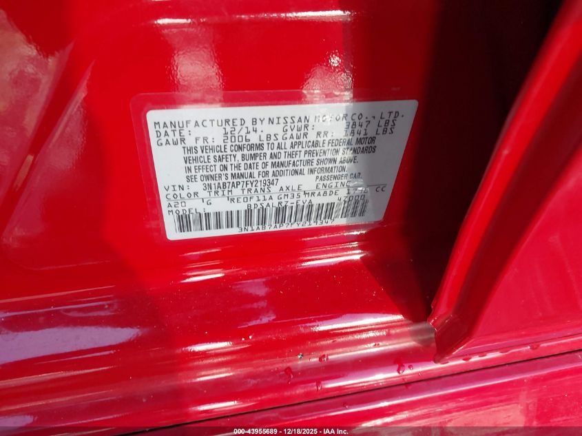 2015 Nissan Sentra Sr VIN: 3N1AB7AP7FY219347 Lot: 43955689