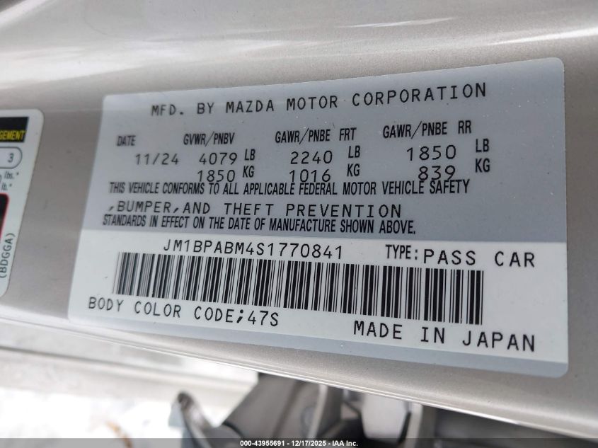 2025 Mazda Mazda3 2.5 S Select Sport VIN: JM1BPABM4S1770841 Lot: 43955691