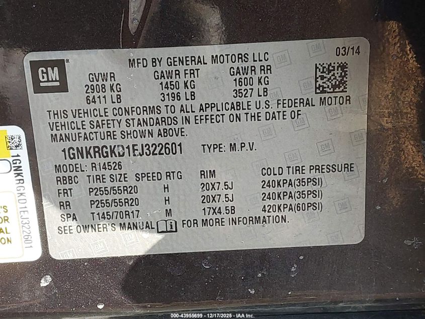 2014 Chevrolet Traverse 1Lt VIN: 1GNKRGKD1EJ322601 Lot: 43955699